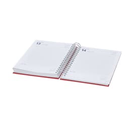 A red and white diary opened to show pages for dates, featuring a spiral binding and a sleek design.