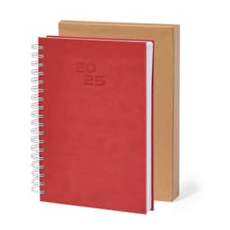 A red spiral-bound diary with a kraft paper cover, featuring a logo on the front.