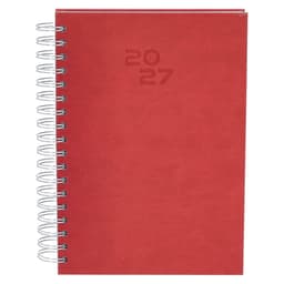 A red spiral-bound diary for the year 2027 with a plain cover and a logo.
