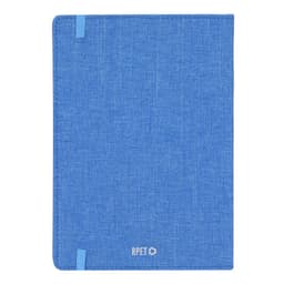 A blue diary with a textured cover and a ribbon bookmark, featuring a small brand logo at the bottom.