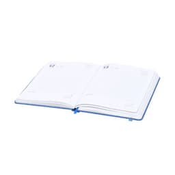 An open diary with white pages and a blue cover, featuring a ribbon marker and a simple layout.
