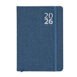 A blue diary with a textured cover, featuring the years "2026" printed on the front and an elastic band closure.