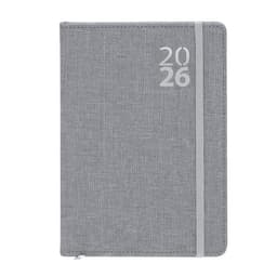 A grey diary with a smooth texture, featuring an elastic band and a logo on the cover.