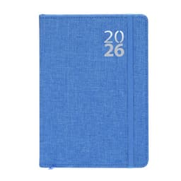 A blue diary with a textured cover and a silver logo, featuring the years ‘2026’. It includes an elastic closure.