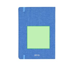 A blue diary with a textured cover and a green square area, featuring a logo at the bottom.