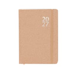 A diary in a light brown cover with a silver 2027 design and an elastic band. It has a logo on the front.