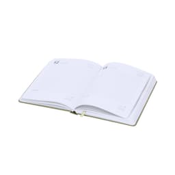 An open diary with white pages and a ribbon bookmark, featuring a simple design and no visible text.