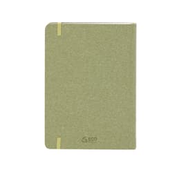 A green diary with a textured cover and a yellow elastic band, featuring a logo at the bottom.