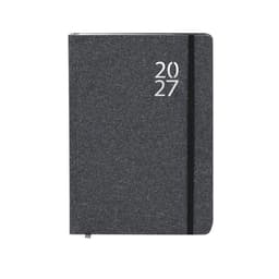 A grey diary featuring a flexible cover, black elastic band, and marked year 2027. Includes a branding logo.