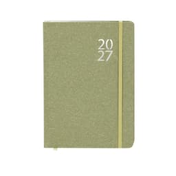 A green diary with a gold elastic band and embossed silver numbers "2027" on the cover. It features a logo.