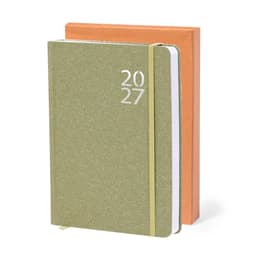 A green diary with the year 2027 on the cover, accompanied by an orange cover or case.
