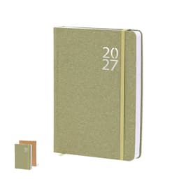 A green diary with a white binding and an elastic closure, alongside a smaller brown diary. Both feature the year 2027.