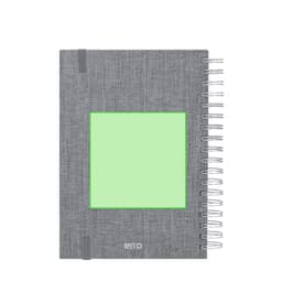 A grey spiral-bound diary with a textured cover and a green square section, featuring a logo at the bottom.