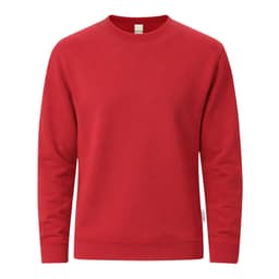 A red jumper with long sleeves and a simple design, featuring a tag on the side and a logo.