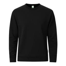 A black hoodie featuring a crew neck and long sleeves, with a label on the side.
