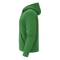 A green hoodie with a front pocket and a drawstring hood, featuring a logo on the side.