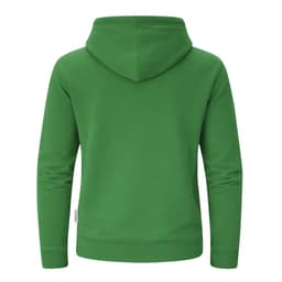 A green hoodie featuring a hood and long sleeves, with a small logo at the side.