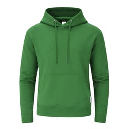 A green hoodie featuring a kangaroo pocket and drawstring hood, with a small logo on the side.
