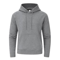 A grey hoodie featuring a front pocket and a drawstring hood. It has a logo on the side.