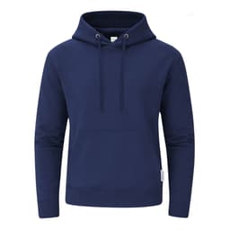 A navy blue hoodie with a front pocket and a drawstring hood. It features a logo on the side.