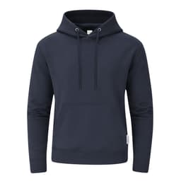 A navy hoodie featuring a front pocket and a drawstring hood, with a subtle logo on the side.