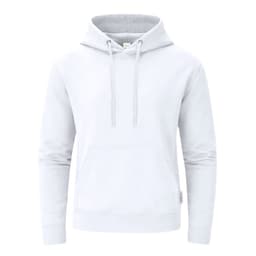 A white hoodie with a front pocket, adjustable drawstrings, and a logo on the side.