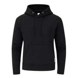 A black hoodie with a front pocket, drawstring hood, and a small logo on the side.