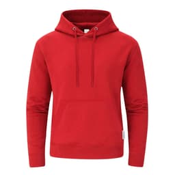 A red hoodie featuring a front pocket and a drawstring hood, with a branding label on the side.