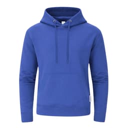 A blue hoodie featuring a front pocket and drawstring hood. It has a logo on the side.