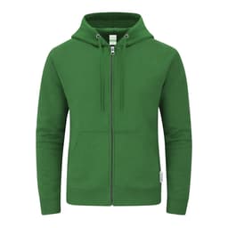 A green zip-up hoodie featuring a front pocket and drawstrings at the hood. It has a logo on the side.