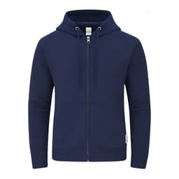 A navy blue hoodie featuring a zip front, kangaroo pockets, and a hood. It has a small logo on the side.