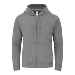 A grey zip-up hoodie featuring a hood and a logo on the side.