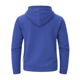 A blue hoodie featuring a hood and long sleeves, with a small branding label on the side.