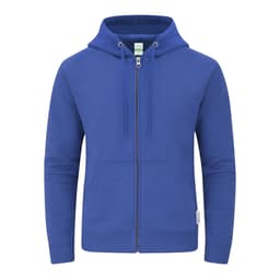 A blue zip-up hoodie with a hood and front pockets, featuring a logo on the side.