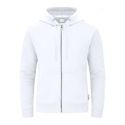 A white zip-up hoodie with a hood and front pockets, featuring a small logo on the side.