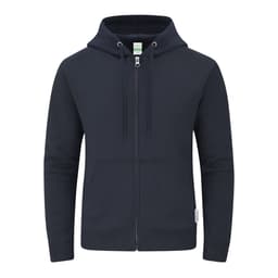 A navy zip-up hoodie featuring a hood and front pockets, with a small logo on the hem.