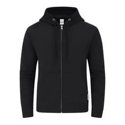 A black zip-up hoodie with a front pocket and a hood, featuring a small branding label on the side.