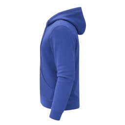 A blue hoodie featuring a kangaroo pocket and a hood, displayed from the side, with a branding logo.