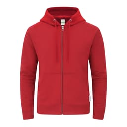 A red zip-up hoodie with a hood and front pockets, featuring a small logo on the side.