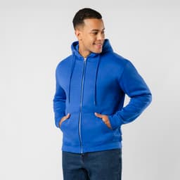A blue hoodie with a zip front and side pockets, featuring a hood and a branding logo.