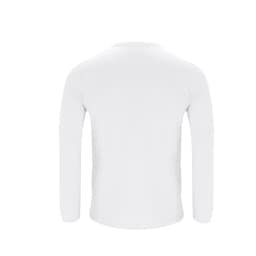 A plain white adult long-sleeve t-shirt featuring an unadorned back view and simple design.