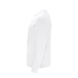 A white long-sleeved adult T-shirt displayed from the side, featuring a simple design and a logo on the front.