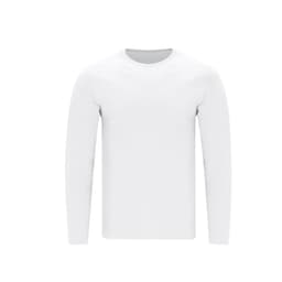 A white long-sleeve adult T-shirt with a round neckline and a logo on the front.