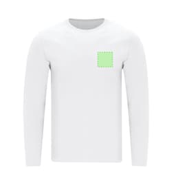 A plain white long-sleeve T-shirt featuring a small area for branding on the front.