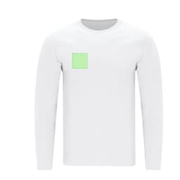 A white long-sleeve adult t-shirt featuring a blank green square for potential branding or design.