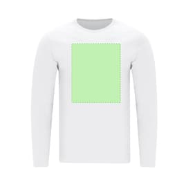 A white long-sleeve t-shirt featuring a blank green area. The shirt has a simple design and a logo.