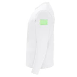 A white adult long-sleeve T-shirt featuring a logo area on the sleeve.