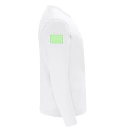 A white adult long-sleeve T-shirt with a blank area on the sleeve for branding or logos.