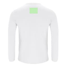 A long-sleeved adult T-shirt in white with a blank area on the back for branding or design.