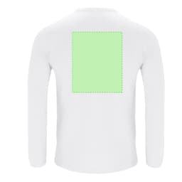 A white adult long-sleeve t-shirt featuring a blank green area on the back and a logo on the front.